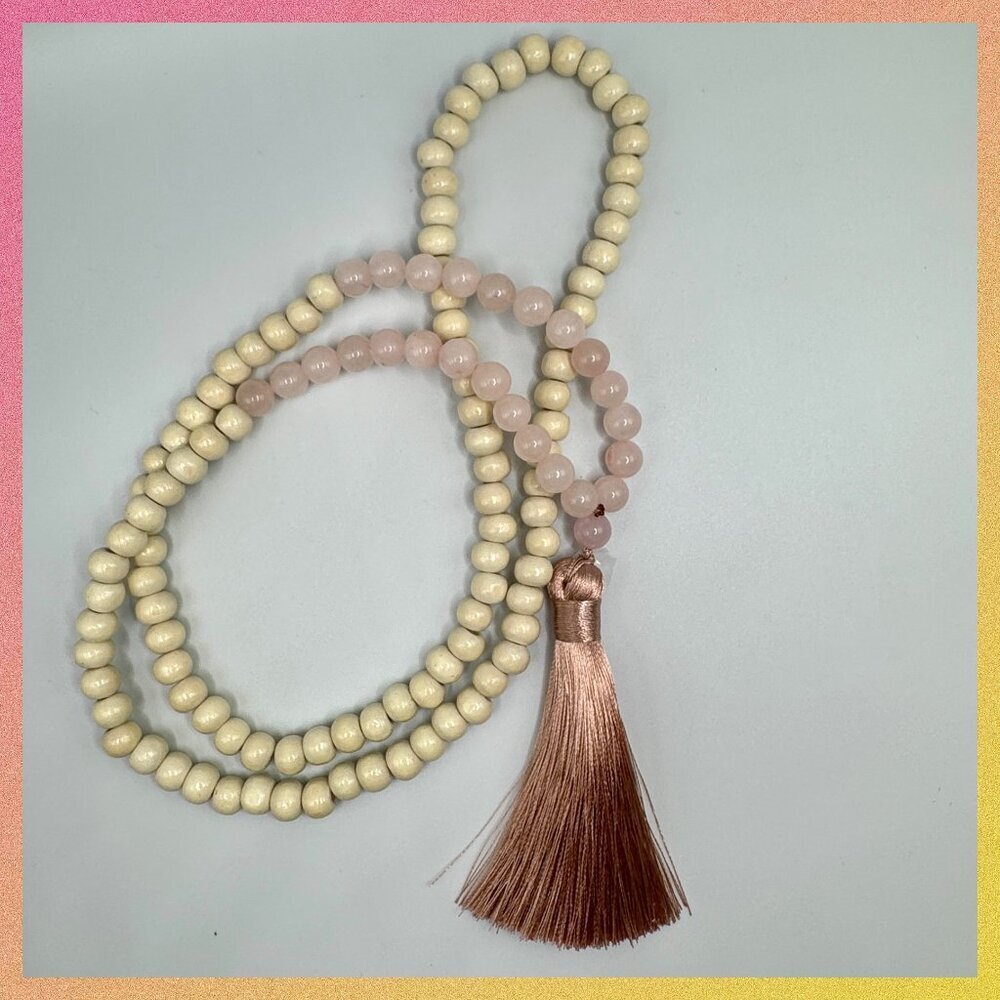 Handmade Boho Tassel Necklace with Wooden & Pink Stone Beads – 34” Long #1504